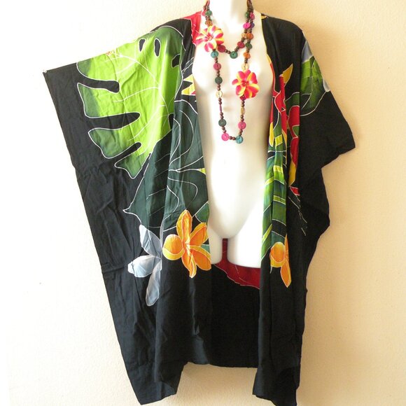CCM7 Floral Batik Plus 38" Open Hand Painted Cover Up Midi Cardigan fit up to 5X - Picture 1 of 2